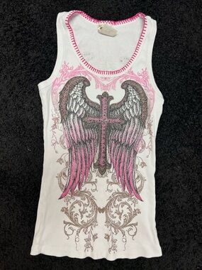 Vocal White Tank Top with Pink and Silver Wing Cross Graphic